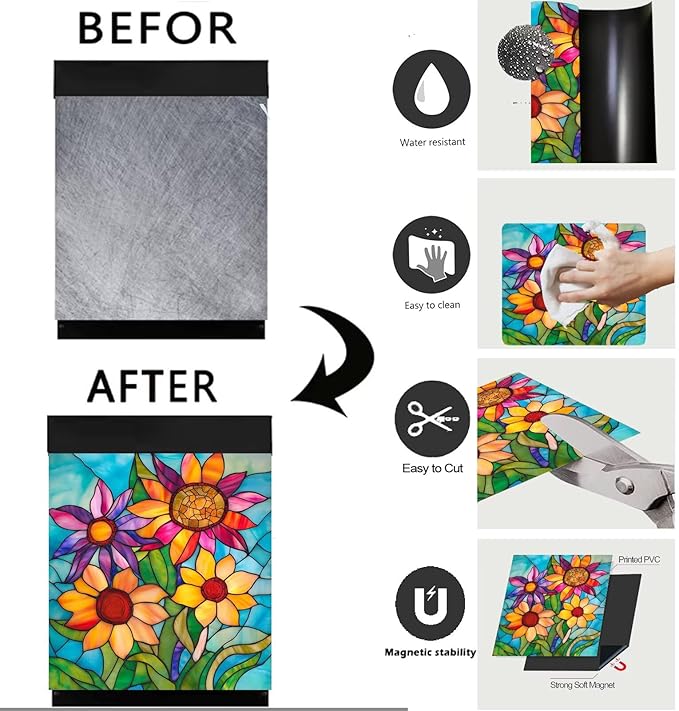 Farmhouse Stained Glass Sunflower Dishwasher Magnet Cover,Pastoral Flowers Magnetic Dishwasher Cover Vinyl Sticker,Fridge Door Cover Magnets Art Skin Panel Decal,Home Decor Decal,23"X26"