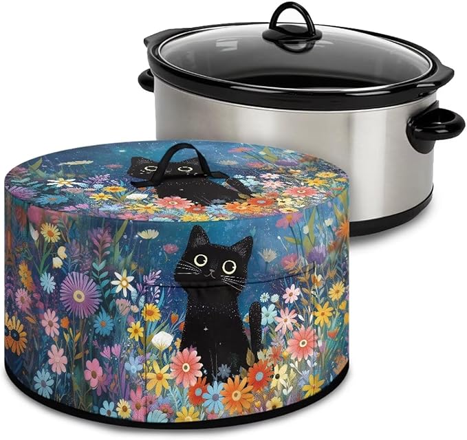 Cute Cat Daisy Floral Print Slow Cooker Dust Cover Protective with Pocket Keep Appliance Clean Fit Most 6-8 Quart Crock Pot Kitchen Appliance Organizer Kitchen Accessories