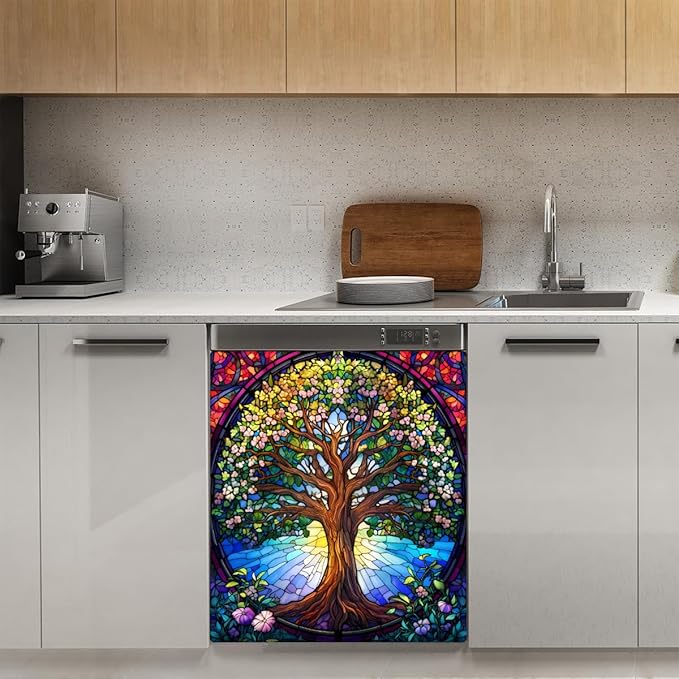 Tree of Life Colorful Dishwasher Magnet Cover Front Dishwasher Cover Decor Reusable Magnetic Door Cover Panel Decal Home Appliances Stickers Kitchen Refrigerator Fridge 23"x26"