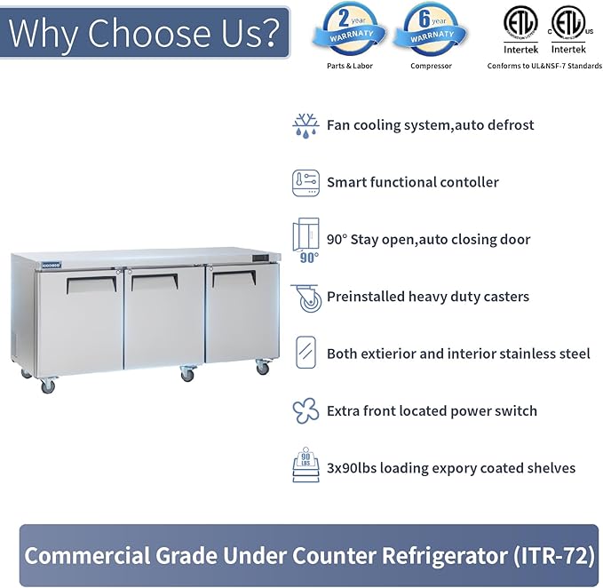 ICECASA 72" W Commercial Refrigerator Worktop Undercounter Refrigerator Three Door Stainless Steel Counter Fan Cooling Refrigerator 20 Cu.ft for Restaurant, Bar, Shop, etc