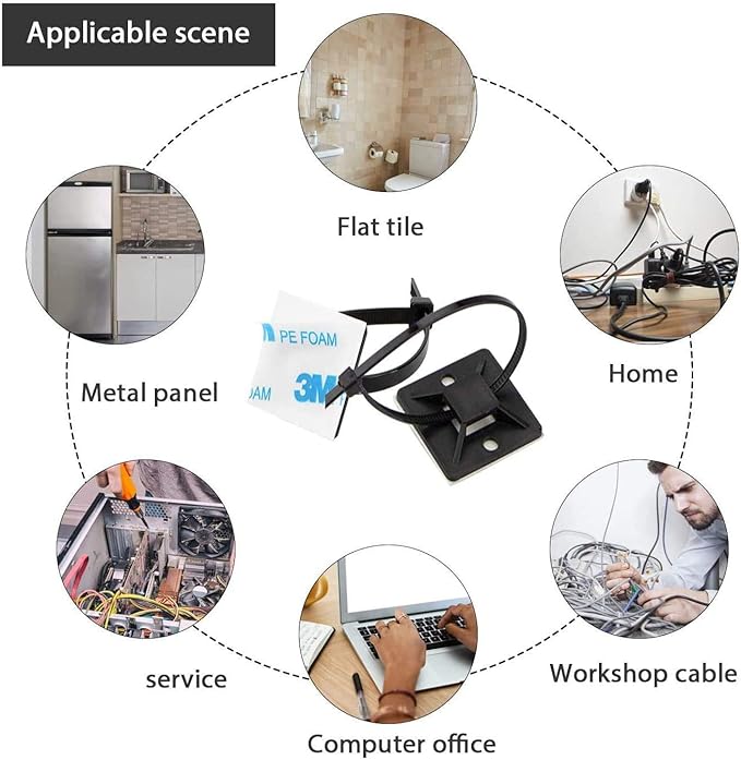 Zip Tie Mounts - SeuYeugX 1000 PCS Cable Self Adhesive Mounts Set for Wire Management with Stick Pads Anchors Clips Squares Holders (Black)
