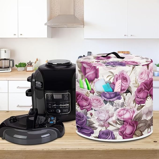 Flashideas Purple Rose Pressure Cooker Cover for Women Insulated Rice Cooker Cover with Easy to Clean Lining Waterproof Dust Cover with Pockets for Instant Pot 6 Quart Appliance Cover