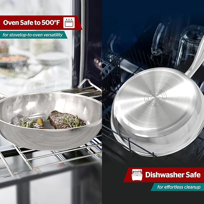 Sunhouse 8 Inch Tri-Ply Stainless Steel Frying Pan, Whole-Clad No Coatings Skillet with Stay-cool Handle for Cooking, Durable & Oven Safe to 500°F, Dishwasher Safe, Compatible with All Cooktops