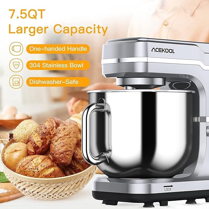 7.5 QT Stand Mixer, 10-Speed Tilt-Head Electric Dough Mixer with Stainless Steel Bowl, Includes Dough Hook, Wire Whisk, and Beater, with Splash Guard for Home Cooks, Silver