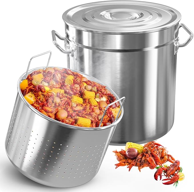 53-Quart Stainless Steel Seafood Boil Pot with Lid,Crab, Lobster, Shrimp Boil Stock with Strainer, Turkey Fryer Pot, Stock Boiler Deep,Fried Cooker for Commercial Outdoors