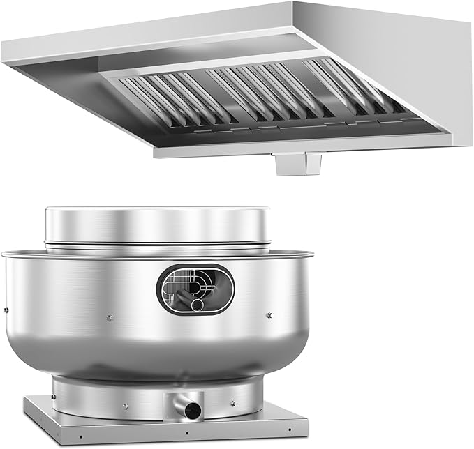 Food Truck Low Profile Exhaust Hood System Includes a 7FT Commercial Kitchen Exhaust Hood and an 0.5HP Restaurant Hood Grease Rated Roof Exhaust Fan