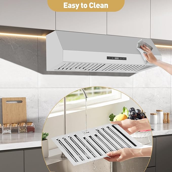 30-Inch Under Cabinet Range Hood, Stainless Steel Kitchen Ventilation with 400 CFM, 3-Speed Touch Control Panel, Kitchen Exhaust Fan for Home and Small Apartment, Silver