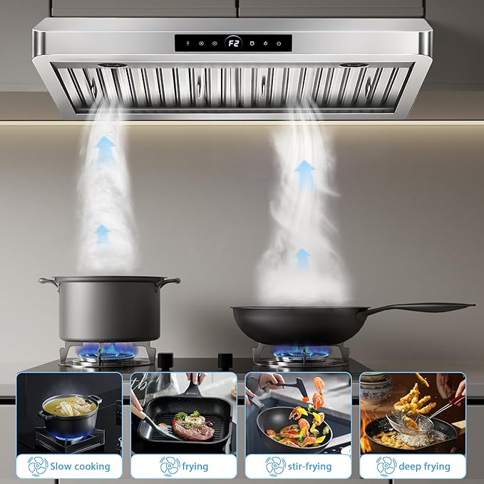 30 inch Under Cabinet Range Hood 1200 CFM with 4-Speed Gesture Sensing & Touch Control, Stainless Steel Kitchen Stove Vent Hoods with 2 LED Lights, Time Setting, Dishwasher-Safe Baffle Filters
