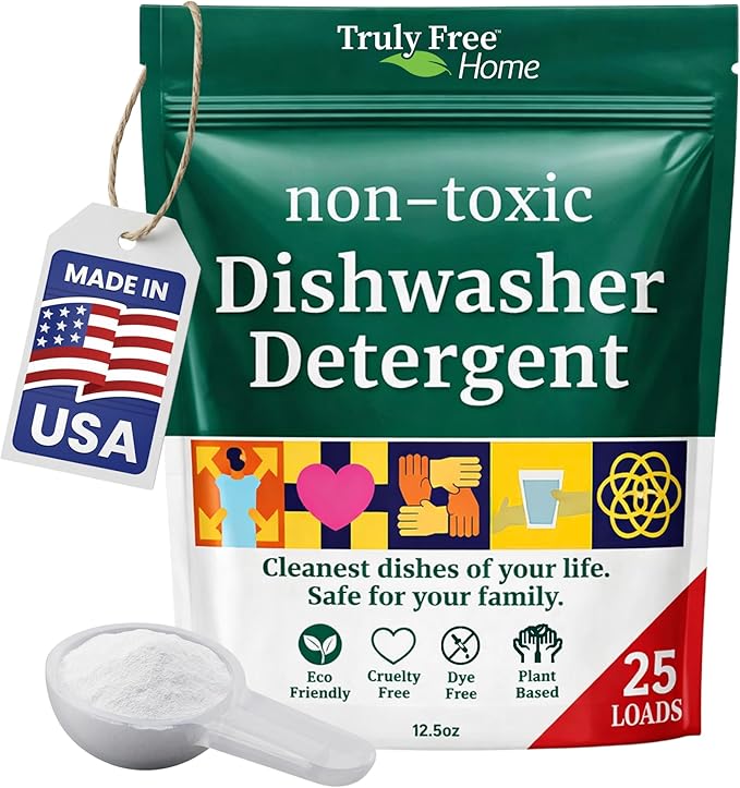 Truly Free Dishwasher Detergent Powder | Natural Dish Detergent, Dishwasher Soap | Plastic Free, Plant-Based, Clean, Heavy Duty Hard Water Stain & Grease Remover | Fragrance Free | 12.5 oz (Pack of 1)