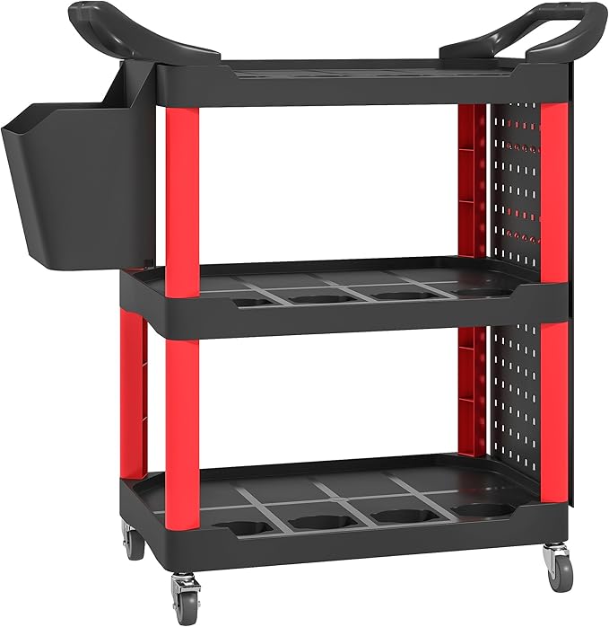 HOMCOM 3 Tier Utility Cart on Wheels, Rolling Tool Storage with Pegboards and Bucket, 200 LBS Load Capacity Plastic Service Cart for Garage, Warehouse, Workshop, Black and Red