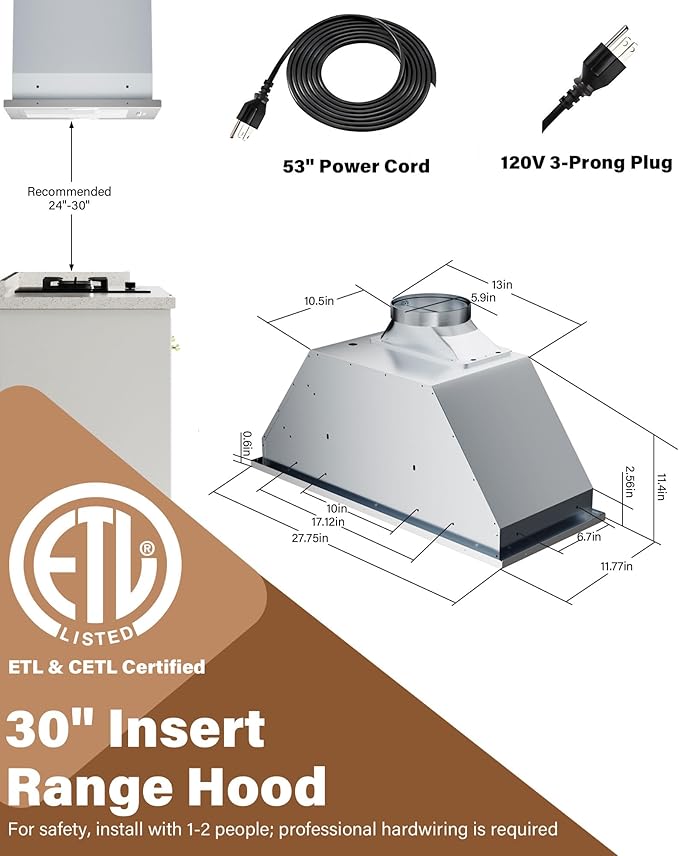 30 inch Stainless Steel Insert Range Hood - 900 CFM, Ultra-Quiet 4-Speed Vent, Button Control, LED Lights, Ducted/Ductless Convertible
