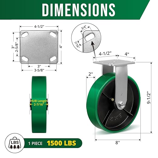 8 Inch Caster Heavy Duty-1500 lbs Each, Polyurethane Wheel on Steel, Plate Caster for Carts Pallet Trucks Industrial Equipment(1 Pack Rigid)