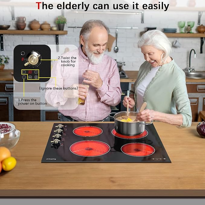Karinear Electric Cooktop 24 Inch, 4 Burners Electric Stove Top, Built-in Radiant Cooktop Knob Control, Safety Lock, Timer, Pause, 6000W 220~240V Hard Wired(No Plug)