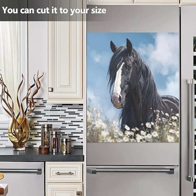 Black Horse Daisy Flowers Dishwasher Magnet Cover for Front Panel Magnetic Dishwasher Cover Decorative Refrigerator Magnet Covers Appliances Stickers for Kitchen Home Decor, 23" x 26"