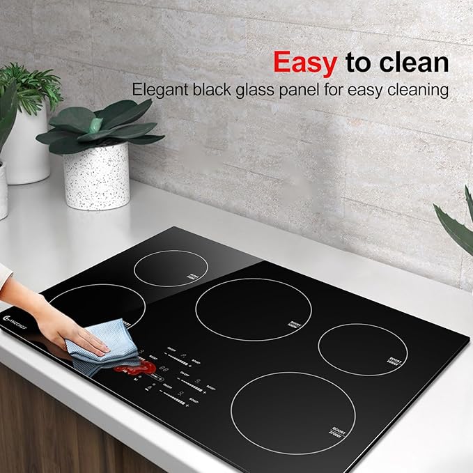 AMZCHEF 30 Inch 10600W Induction Cooktop With 5 BOOST Burners, 9 Levels Electric, Built-in Control by Slide Touchscreen, Child Safety Lock, Independent Timer, No Plug, 240V