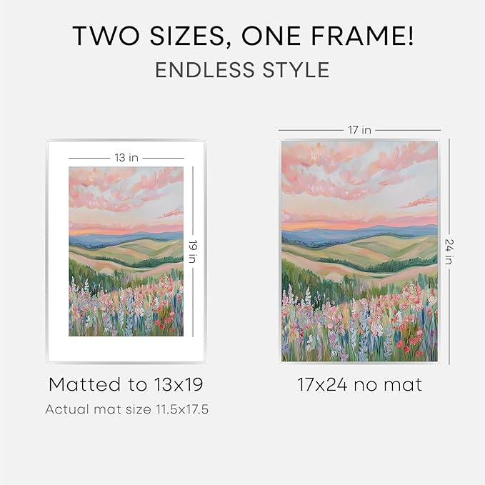 Homeforia 17x24 Picture Frame Silver, High End Metal 17x24 Frames with Mat 13x19 for Photo, 17 x 24 Silver Poster Frame Matted to 13 x 19 Print, 24x17 Hanging Frame, Tempered Glass, Wall Kit, Set of 2