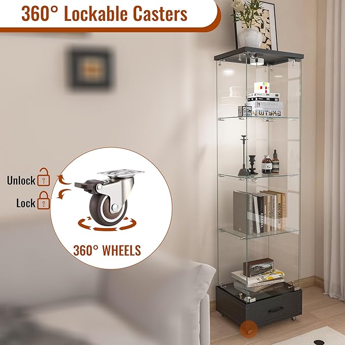 Yoluckea 4 Tiers Glass Display Cabinet with LED Lighting and Drawer, 1 Door Floor Standing Curio Cabinet with Wheel for Home, Office, Corner Display, Black Glass Bookshelf for Collections and Decor