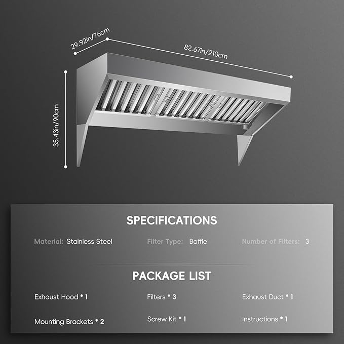 7FT Commercial Kitchen Exhaust Hood, Wall Mount Stainless Steel Vent Hood with 2 Detachable u-Shaped Filters, Rust-Resistant Food Truck & Restaurant Range Hood for Concession Trailer Cooking Station
