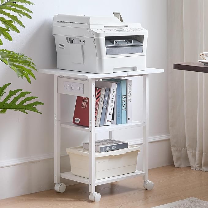 Lerliuo 3-Tier Printer Stand with Charging Station, Industrial Mobile Printer Table with Storage Shelf and Steel Frame, Rolling Printer Cart Holder with Lockable Wheels for Home, Office (White)