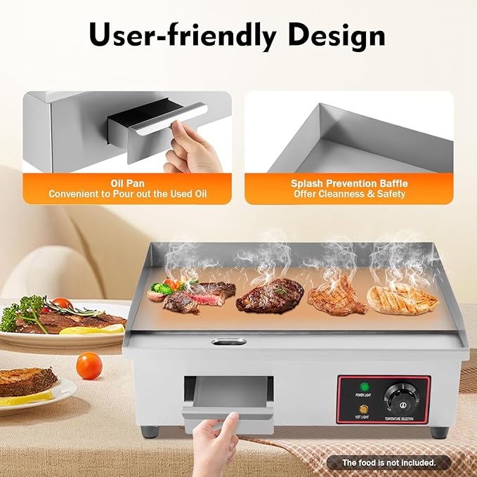 22" Commercial Electric Griddle, 110V 1600W Electric Stove Countertop Flat Top Grill Non-Stick Stainless Steel Teppanyaki Grill with Plug, Adjustable Temperature Control 122°F-572°F
