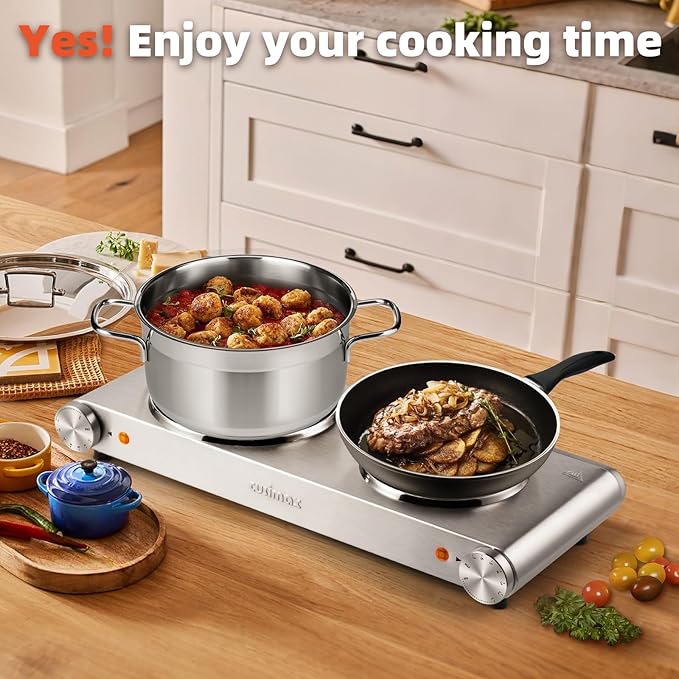 CUSIMAX Electric Hot Plate, 1800W Double Burner, Cast Iron Countertop Cooktop, Hot Plates for Cooking, Portable Countertop Stove, Compatible with all Cookwares, Upgraded Version