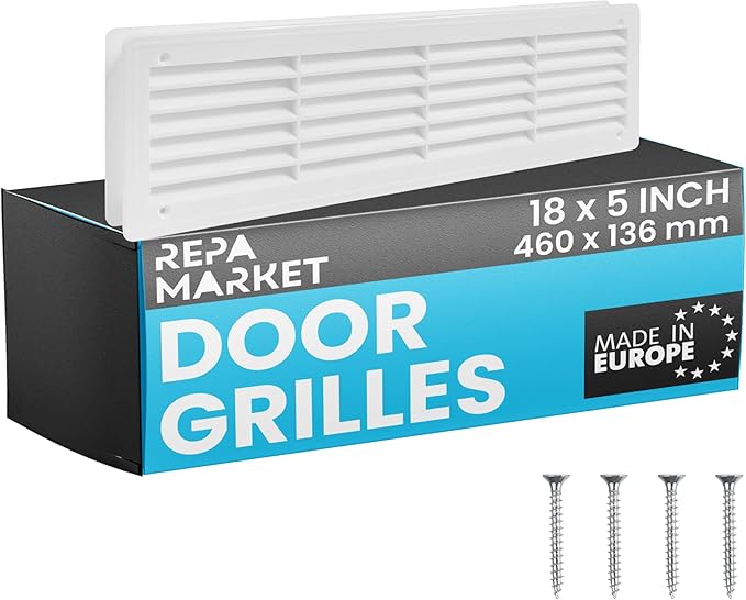 Repa Market 18" x 5" Inch (Outer Size) White Plastic Louvered Door Vents for Interior Doors – 2 Sided Two Way Door Air Return and Intake Cover – Door Air Vent Grille Rectangular Door Vent