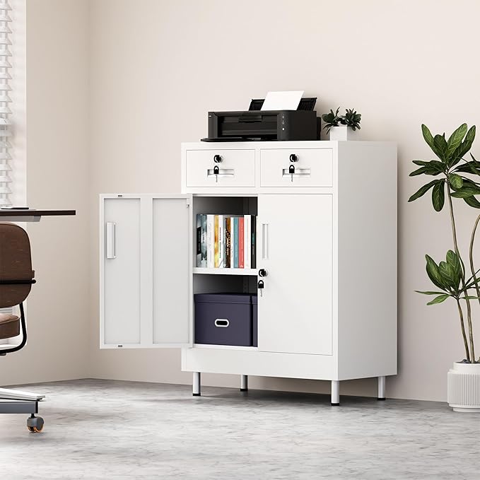 Metal Storage Cabinet with Locking Doors and 2 Drawers, Lockable Storage Cabinet with Adjustable Shelf for Home Office Garage Entryway Pantry (White)
