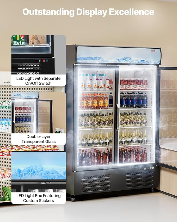 VEVOR Commercial Merchandiser Refrigerator, 36.27 CU.FT Upright Beverage Cooler, 2 Glass Door Display Refrigerator with 8 Adjustable Shelves, Soft LED Light, Customizable Lightbox, Casters, Black