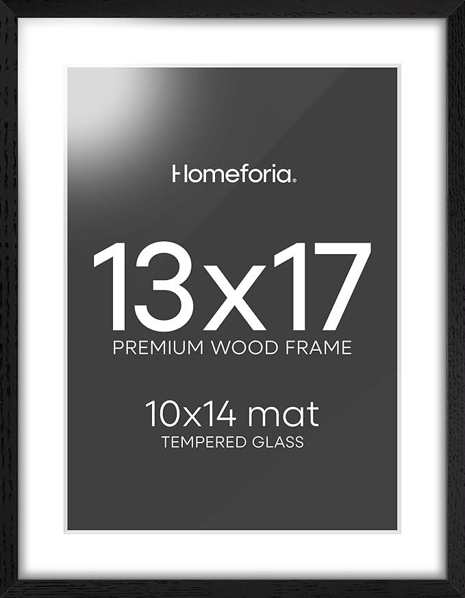 Homeforia 13x17 Picture Frame Black Wood, High End Oak 13x17 Poster Frames with Mat 10x14 Photo, 13 x 17 Wooden Frame Matted to 10 by 14 Print, 17x13 Hanging Frames, Tempered Glass, Wall Kit, Set of 1