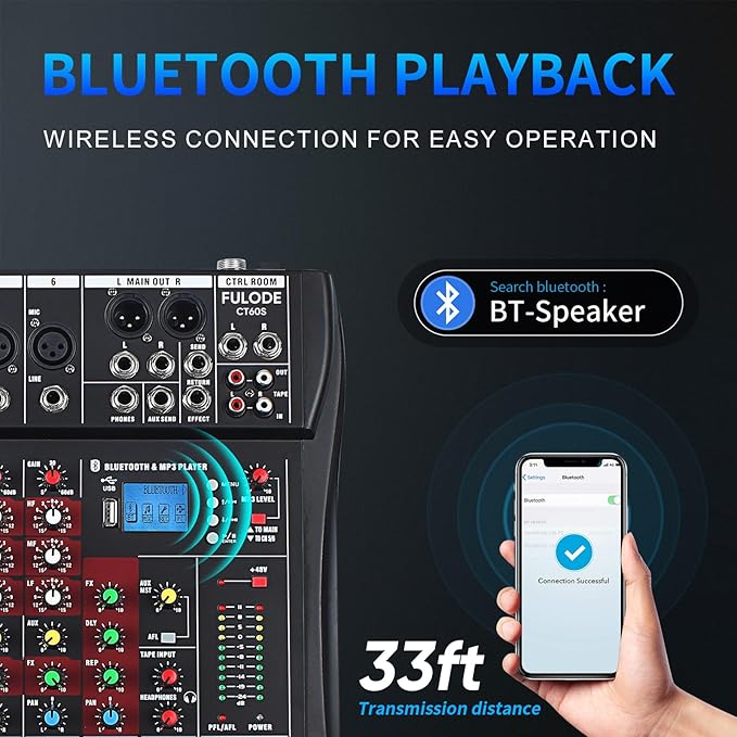 6 Channel Mixer Audio Console, CT-60S Professional Music Mixer DJ Mixing Board with Reverb Bluetooth MP3 Player 48V Phantom Power Supply USB Recording for Studio Karaoke Live Performance