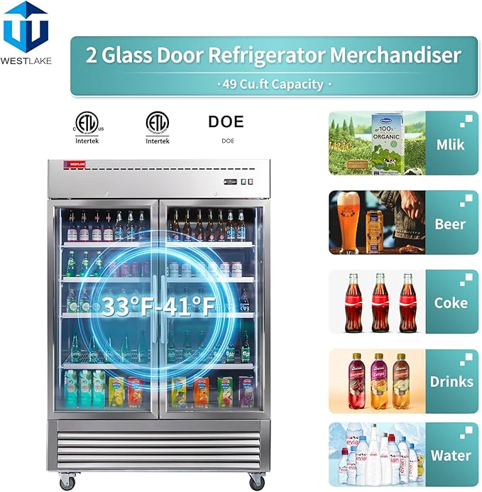 WESTLAKE 54" W Commercial Display Refrigerator 2 Glass Door Merchandiser 2 Section Stainless Steel Reach-in Glass Door Upright Fan Cooling 49 Cu.ft Cooler for Restaurant, Bar, Shop, etc