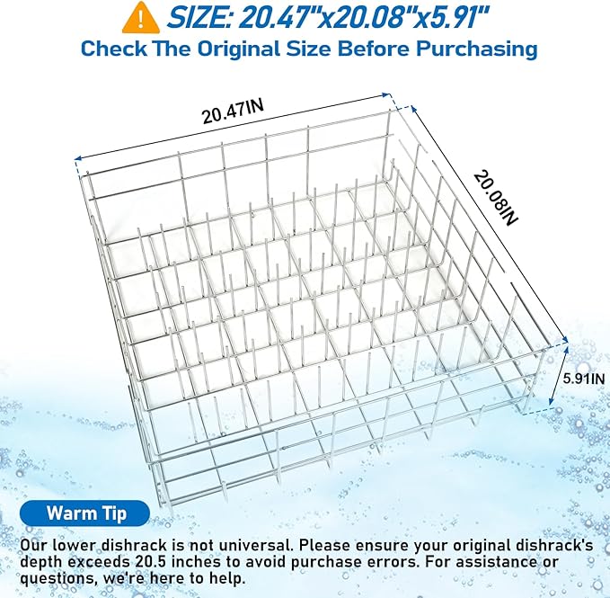 W10311986 for Whirlpool ERP Lower Dishwasher Rack ，Dishwasher Model WDF520PADM7，Measure carefully before buying，Current Basket is about 20.47" Wide, about 20.08" Deep, and about 6" High.