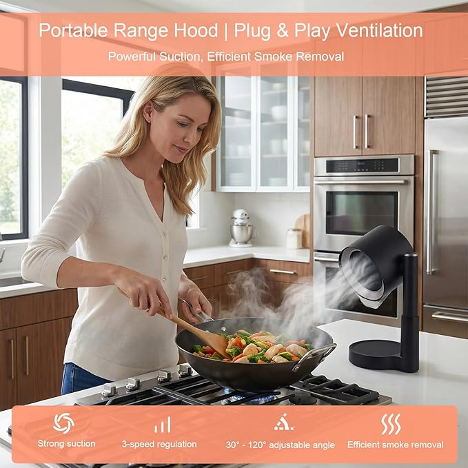 Portable Range Hood - 3-Speed Tabletop Kitchen Exhaust Fan with Removable Aluminum & Triple Polymer Filters, Adjustable Height, Low Noise & Oil Cup for RV, Camping, Indoor Grilling & Hot Pot