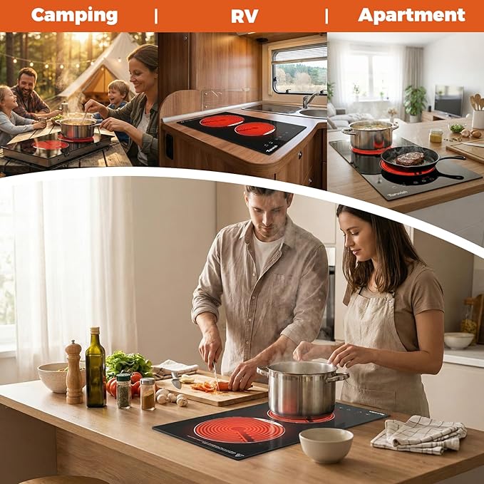 2 Burner Electric Cooktop, 12 Inch Built-in Ceramic Cooktop, 120v Plug in Electric Stove Top Burner with Child Lock, Timer, Sensor Touch Control, Over-Temperature Protection