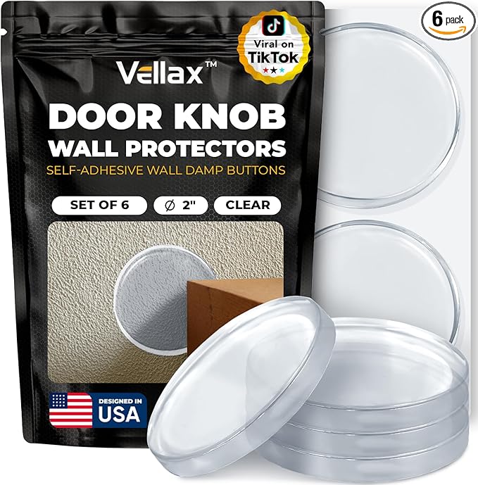Large 2" Door Knob Wall Protectors – 6 Clear Self-Adhesive Silicone Bumper Pads in Damp Button Shape – Noise Dampening Wall & Furniture Guards by VELLAX