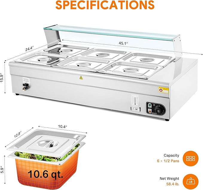 WILPREP 6-Pan Commercial Food Warmer with Sneeze Guard, Six 1/2 Pans, 1500W Countertop Electric Warmer, 86-185°F Adjustable Temp Control, Stainless Steel Buffet Bain Marie