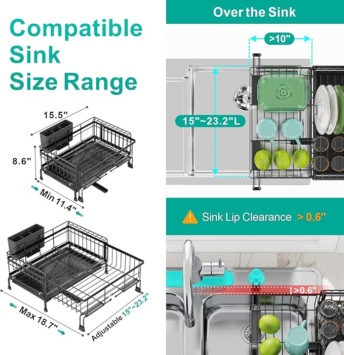 Swedecor Extendable Dish Drying Rack - Compact Dish Rack for Kitchen Counter, Over-The-Sink Dish Strainer with High Enclosed Fence, 360° Swivel Drain Spout, Rustproof, 10"–18.9" L × 15.6" W, Black