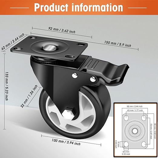 Casters, 4" Caster Wheels，Casters Set of 8 Heavy Duty - ASRINIEY Black Polyurethane Castors, Top Plate Swivel Wheels, 8-Pack Industrial Casters with Brake, Locking Casters for Furniture and Workbench
