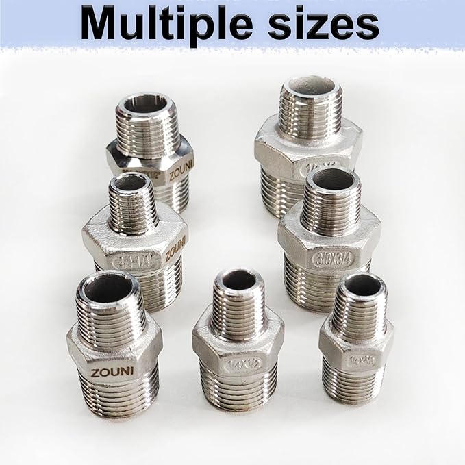 ZOUNI Reducing Hex Nipple, 304 Stainless Steel 3/8" NPT Male x 1/4" NPT Male Pipe Fitting Reducer Nipple Adapter 2000psi Reducer Straight Connector (2pcs, 3/8-1/4)