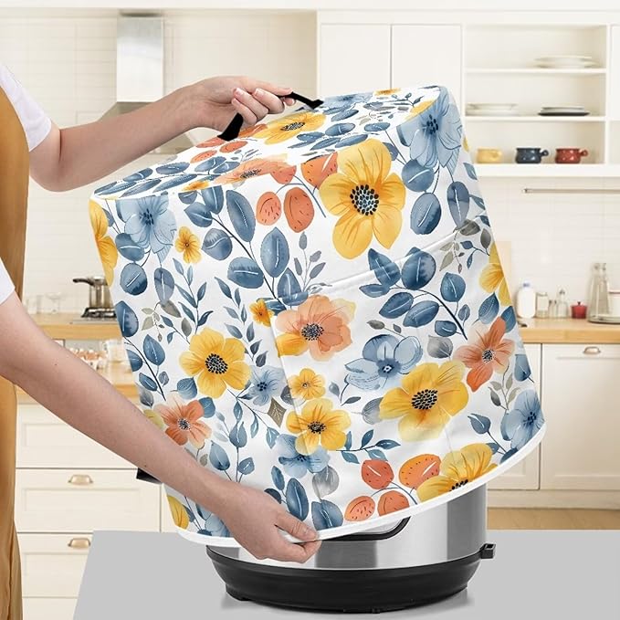TODIYADDU White Bule Floral Pressure Cooker Cover for Women Trendy Instant Pot Cover with Top Handle and Pocket Kitchen Appliance Cover Dust Cover for 3 Quart Instant Pot and Extra Accessories