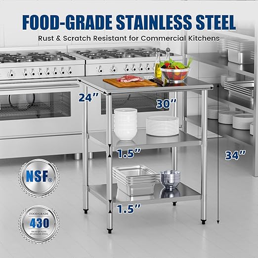 Stainless Steel Work Table 24 x 30 Inch with 2 Adjustable Undershelves, Heavy-Duty Metal Prep Table for Commercial Kitchen & Restaurant, Garage, Outdoor