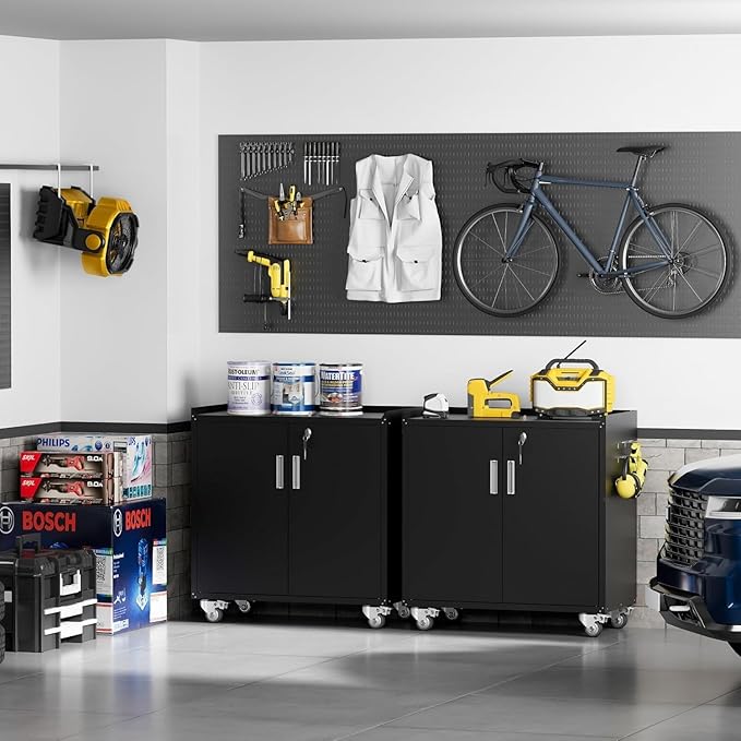 Black Garage Cabinet with Wheels,Metal Storage Cabinet,Lockable Storage Cabinet with Doors and Adjustable Shelves,Tool Chest,Rolling Metal Tool Cabinets for Garage,Warehouse,Basement