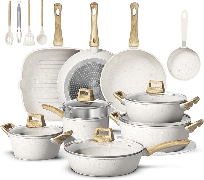 25 Pcs Pots and Pans Set Non Stick Ceramic Cookware Set, Healthy Non Toxic Kitchen Cookware with Mini Egg Pan, Large Capacity, Induction Compatible, PFAS/PTFE/PFOA/PFOS Free, Cream White