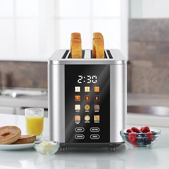 Kenmore 4-Slice Long Slot Toaster - Color Touch Screen & 6 Shade Settings, Extra Wide Slots, Digital Timer, Customizable Smart Presets, Reheat, Defrost, Add Time Functions, Stainless Steel