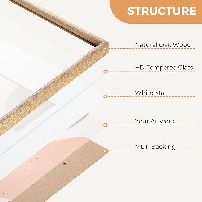 Axeman 16x20 Oak Frame - Rounded Corner 16 x 20 Picture Frame Matted to 11x14 - Natural Oak Wood Photo Frame with Tempered Glass for Wall Mount Display
