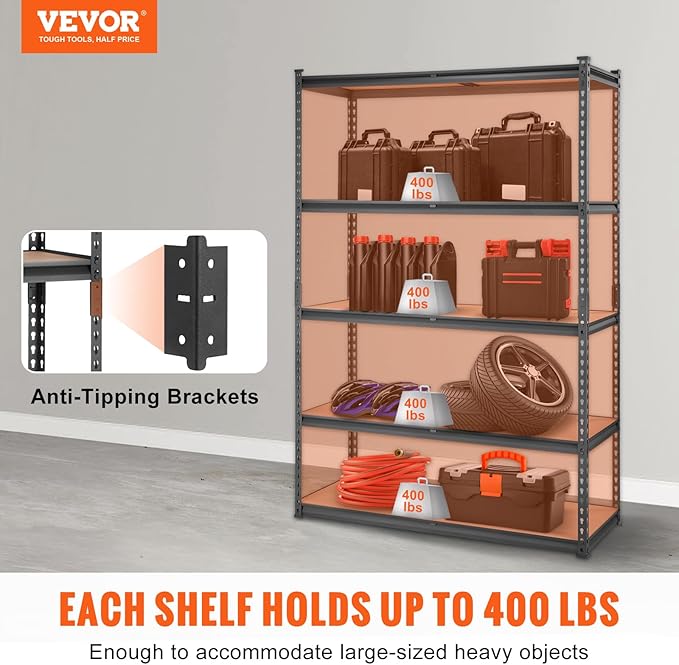 VEVOR Storage Shelving Unit, 5-Tier Adjustable, 2000 lbs Capacity, Heavy Duty Garage Shelves Metal Organizer Utility Rack, Black, 48" L x 18" W x 72" H for Kitchen Pantry Basement Bathroom Laundry | Adjustable, 2000 lbs Capacity, Heavy Duty, Garage She...