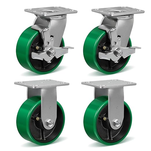 5 Inch Caster Wheels Heavy Duty, Polyurethane on Steel Wheel, Set of 4 Industrial Casters Load 4000lbs, Plate Caster for Carts, Pallet Trucks, Industrial Equipment(2 Brake & 2 Rigid)