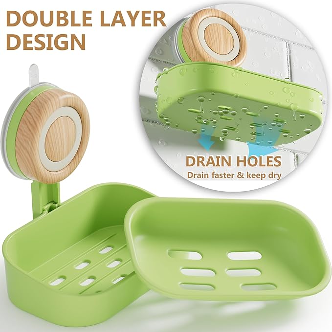 Double Layer Soap Dish for Shower 2 Pack, Wall Mounted Bar Soap Holder Suction Cup 2 Layer Self Draining Soap Case Sponge Holder for Shower Bathroom, Tub and Kitchen Sink, Green