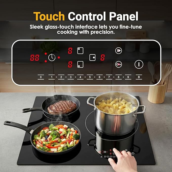K&H 3 Burner Induction Cooktop - 24 Inch Built-In Electric Cermic Stove Top - 9 Heating Levels, 240V, 6000W High-Power Built-in Electric Stove Top - Child Lock, Timer & Touch Control - IN24-6803TB