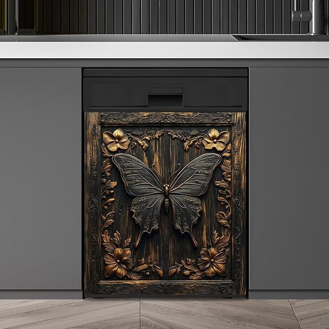 Farmhouse Butterfly Dishwasher Magnet Cover,Vintage Butterfly Wood Floral Magnetic Dishwasher Cover Vinyl Sticker,Fridge Door Cover Magnets Art Skin Panel Decal,Home Decor Decal,23"X26"